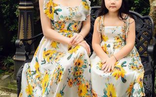 Mẹ con Trang Nhung diện váy hoa xuân